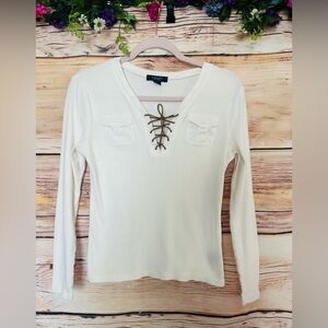 CHAPS Women’s White Lace Up 100%Cotton Long Sleeve Pocket Top Size S